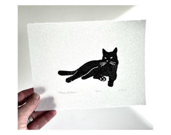 Lino print Relaxed Black Cat Kitten