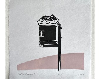 The party’s over. Trashcan. Wastebasket. Too much waste. Less is more. Lino Print