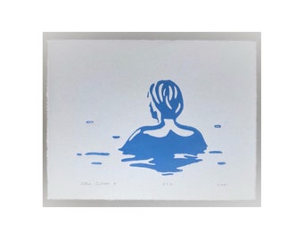 Enjoying being in the water Lake Sea Blue Lino Print