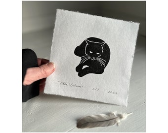 Watching calmly Black Cat Kitten Lino print