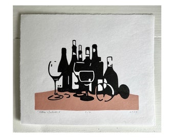 The party’s over. Empty bottles empty glasses Less is more. Lino Print