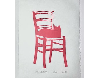 Kat gezellig op tuinstoel Roze Kitten Relax Zen Lino Print