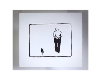 Old man walking with pet Zen Peace and Quiet Small Lino Print