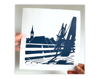 Windmolen Friesland Woudsend Holland Kerktoren Dorpsgezicht Donkerblauwe Linodruk