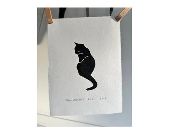 Lino print Looking back Black Cat Kitten