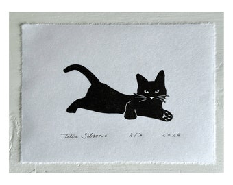 Playful Black Cat Kitten Small Lino print