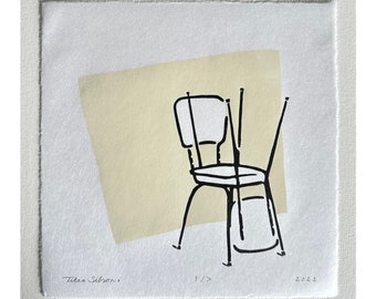 The party’s over. Chairs piled up. Soft yellowish with black and white. Less is more. Lino Print