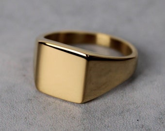 Gold Square Signet Ring 14MM 7-12 Stainless Steel / Classic Gold Ring / Big Gold Ring / Pinky Ring / Mens Ring Gift