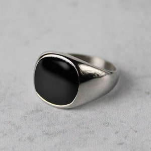 Silver Black Enamel Signet Ring Stainless Steel 7-12 / Circle Square / Black Gem / Big Silver Ring / Silver Pinky Ring / Mens Ring Gift