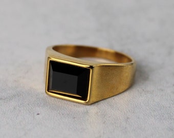 Gold Black Stone Rectangle Signet Ring Stainless Steel 7-12 Onyx / Black Gem / Gold Pinky Ring / Mens Ring Gift