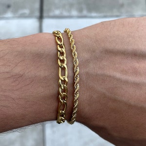 Gold 5mm Figaro Link & 3mm Rope Bracelet Set 7" 8" Thin Micro, Stainless Steel Jewelry, Unisex Jewelry, Streetwear Jewelry