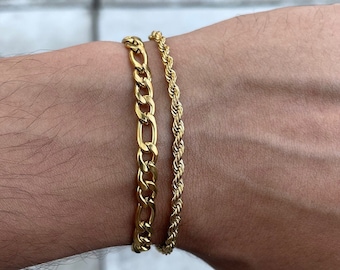 Gold 5mm Figaro Link & 3mm Rope Bracelet Set 7" 8" Thin Micro, Stainless Steel Jewelry, Unisex Jewelry, Streetwear Jewelry