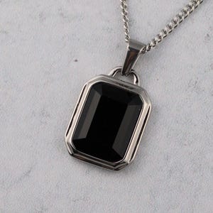 Silver Onyx Pendant Necklace Cuban Link Chain Stainless - Black Gemstone Pendant