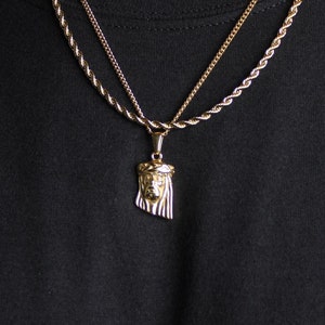 18K Gold Jesus Piece Pendant Necklace & 3mm Rope Chain Set Stainless Steel - Gold Chain Set - Jesus Face Pendant - Mens Necklaces Set Gift