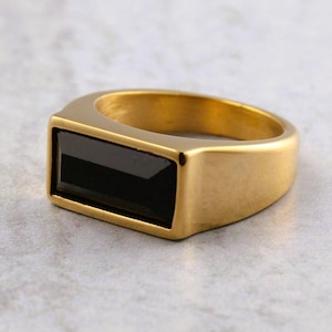 Gold Onyx Rectangle Signet Ring Stainless Steel 7-12 - Black Gemstone Ring