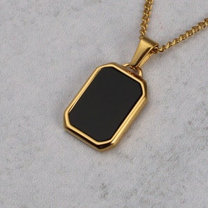 18K Gold Onyx Pendant Necklace Cuban Link Chain - Stainless Steel Gemstone Pendant Black Stone - Mens Gold Pendant Gift