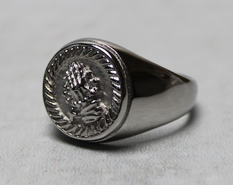 Silver Praying Hands Signet Ring Stainless Steel - Mens Statement Ring
