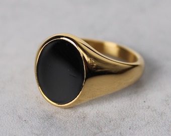 Gold Black Enamel Oval Signet Ring 7-12 Stainless Steel / Black Gem / Big Gold Ring / Gold Pinky Ring / Mens Ring Gift