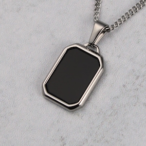 Silver Onyx Pendant Necklace Cuban Link Chain Stainless Steel - Black Stone Pendant