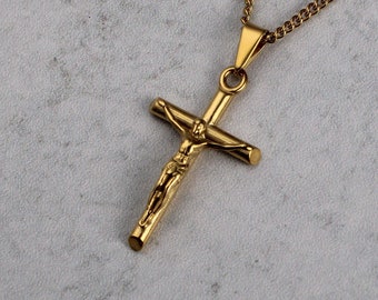 18K Gold Crucifix Cross Pendant Chain Necklace Stainless Steel/ Men Women Chain Necklaces Gift / Unisex Jewelry