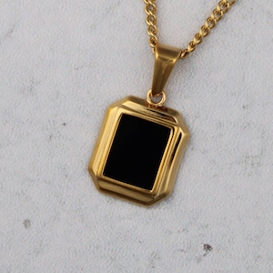 18K Gold Onyx Pendant Necklace - Black Stone Pendant - Stainless Steel Jewelry - Mens Black Stone Necklace Gift - Small Gold Pendant