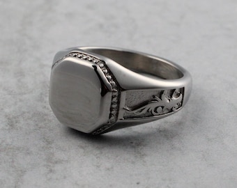 Silver Baroque Octagon Signet Ring Stainless Steel 7-12 - Classic Silver Ring - Mens Statement Ring - Victorian Signet Ring - Mens Ring Gift