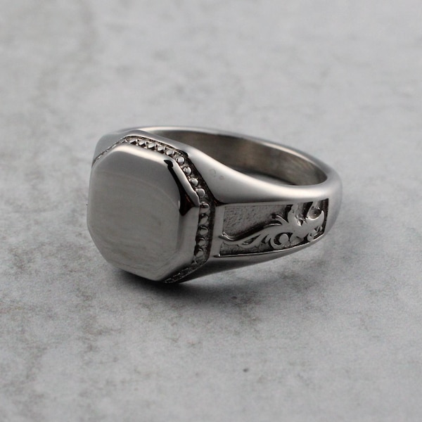 Silver Baroque Octagon Signet Ring Stainless Steel 7-12 - Mens Statement Ring