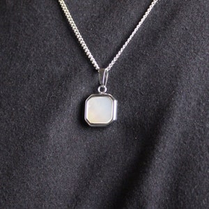 Silver White Shell Stone Pendant Necklace Rope Chain - Stainless Steel Square Gemstone Pendant Mother of Pearl - Mens Silver Pendant Gift