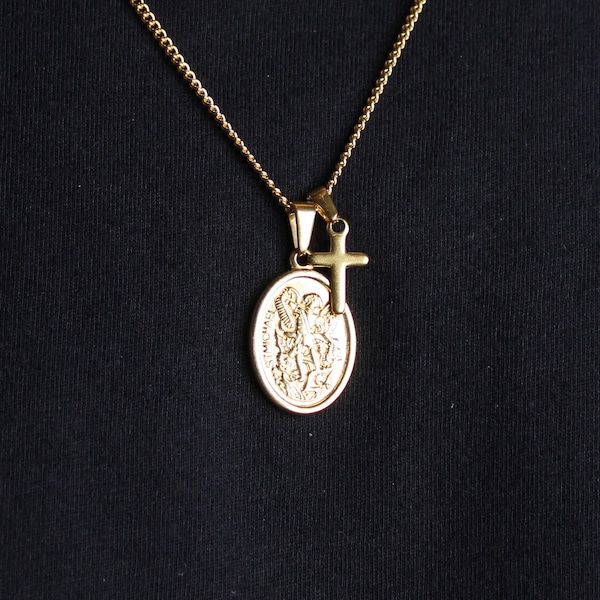 18K Gold Saint Michael & Mini Cross Pendant Necklace Set Stainless Steel Cuban Link Small Pendant Men Women Gift Unisex