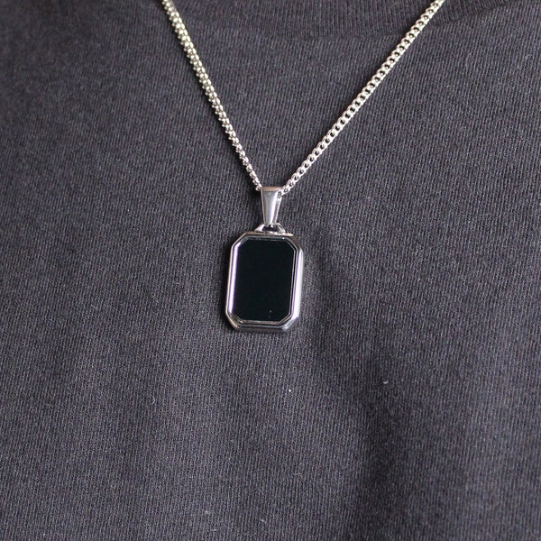 Silver Onyx Pendant Necklace Cuban Link Chain - Stainless Steel Octagon Gemstone Pendant Black Stone - Mens Pendant Gift Unisex Jewelry