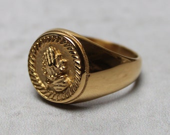 Gold Praying Hands Signet Ring Stainless Steel 7-12 / Engraved Signet Ring / Classic Gold Ring / Mens Ring Gift