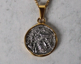 18K Gold Zeus Pendant Chain Necklace Two Tone Stainless Steel Coin Circle Cuban Link Vintage Greek God Mythology  / Unisex Jewelry