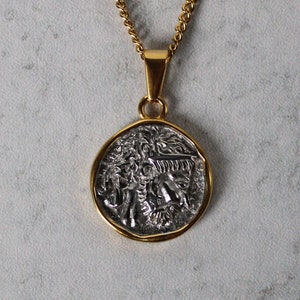 18K Gold Zeus Pendant Chain Necklace Two Tone Stainless Steel Coin Circle Cuban Link Vintage Greek God Mythology  / Unisex Jewelry