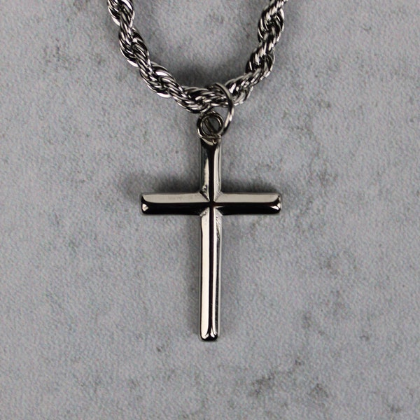 Silver Cross Pendant With 3mm Rope Chain Necklace Stainless Steel / Small Cross Mini Cross Men Women Chain Necklaces Gift / Unisex Jewelry