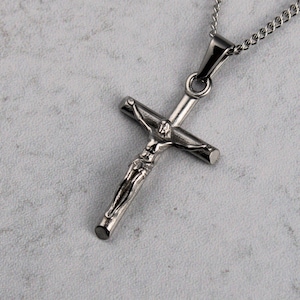 Silver Crucifix Cross Pendant Chain Necklace Stainless Steel - Minimalist Pendant
