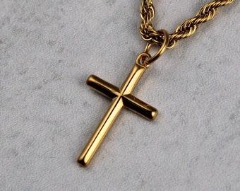 18K Gold Cross Pendant With 3mm Rope Chain Necklace Stainless Steel/ Small Cross Mini Cross Men Women Chain Necklaces Gift / Unisex Jewelry