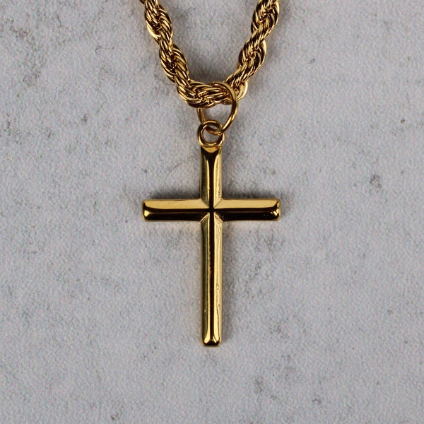 18K Gold Cross Pendant With 3mm Rope Chain Necklace Stainless Steel/ Small Cross Mini Cross Men Women Chain Necklaces Gift / Unisex Jewelry