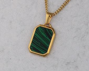 18K Gold Faux Malachite Pendant Necklace Cuban Link Chain - Stainless Steel Green Gemstone Pendant Stone - Mens Gold Pendant Gift