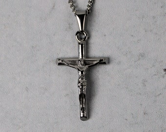 Silver Crucifix Cross Pendant Chain Necklace Stainless Steel / Men Women Chain Necklaces Gift / Unisex Jewelry