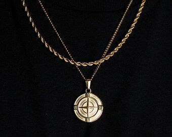 18K Gold Compass Pendant Necklace Set: Stainless Steel Nautical Jewelry