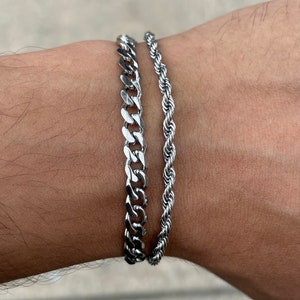 Silver 5mm Cuban Link & 3mm Rope Bracelet Set 7" 8" Thin Micro, Stainless Steel Jewelry, Unisex Jewelry, Streetwear Jewelry