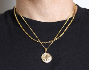 18K Gold Compass Pendant Necklace & 3mm Rope Chain Set Stainless Steel Nautical North Star Circle / Men Women Gift / Unisex Jewelry