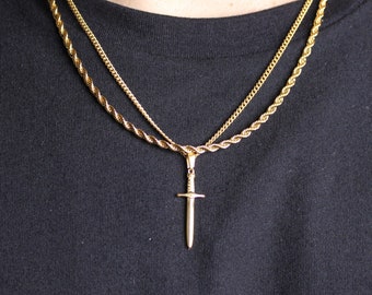 18K Gold Dagger Pendant Necklace 3mm Rope Chain Set Stainless