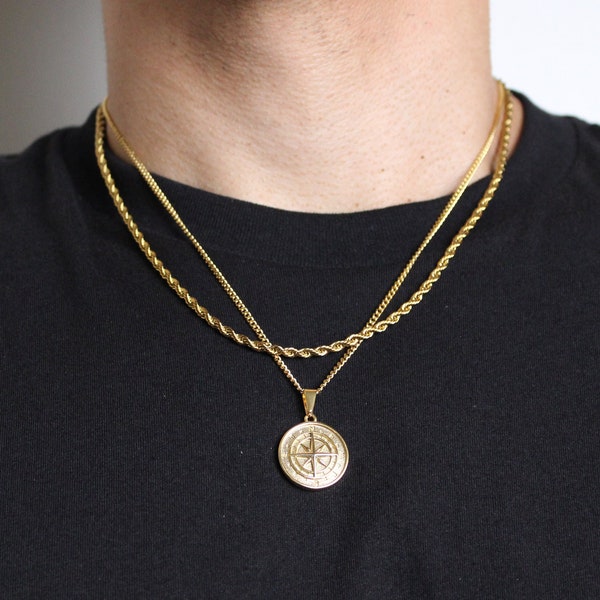 18K Gold Compass Pendant Necklace & 3mm Rope Chain Set Stainless Steel Nautical North Star Circle / Men Women Gift / Unisex Jewelry