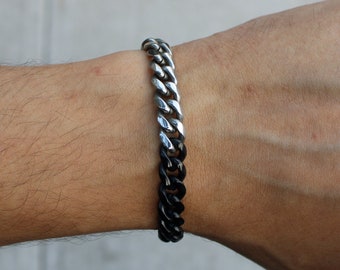 Black and Silver 8mm Cuban Link Bracelet 7" 8" Two Tone Stainless Steel Jewelry / Unisex Jewelry / Streetwear Jewelry / Mens Gift