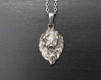 Silver Lion Pendant Chain Necklace Stainless Steel Belcher Link / Men Women Chain Necklaces Gift / Unisex Jewelry