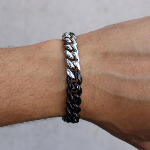 Black and Silver 10mm Cuban Link Bracelet 7" 8" Two Tone Stainless Steel Jewelry / Unisex Jewelry / Streetwear Jewelry / Mens Gift