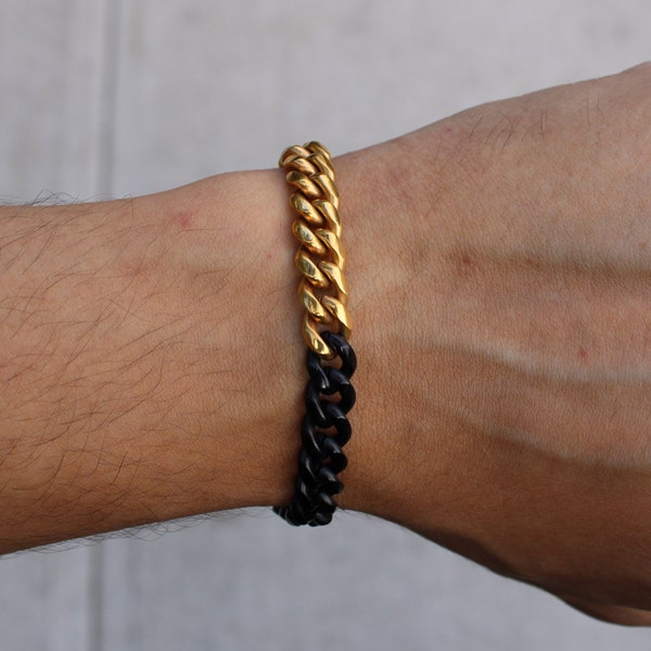 Two Tone Cuban Link Bracelet: Black & Gold Stainless Steel Jewelry