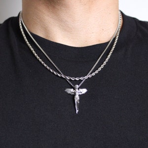 Silver Angel Pendant Necklace Layered Set Rope Chain Stainless Steel Cupid Round Box / Men Women Chain Necklaces Gift / Unisex Jewelry