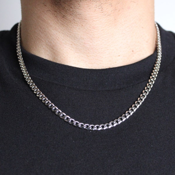 Silver 5mm Cuban Link Chain Necklace 18 20 22 24 inch Stainless Steel Miami Cuban, Thick Chain, Curb Link, Men Women Chain Necklaces